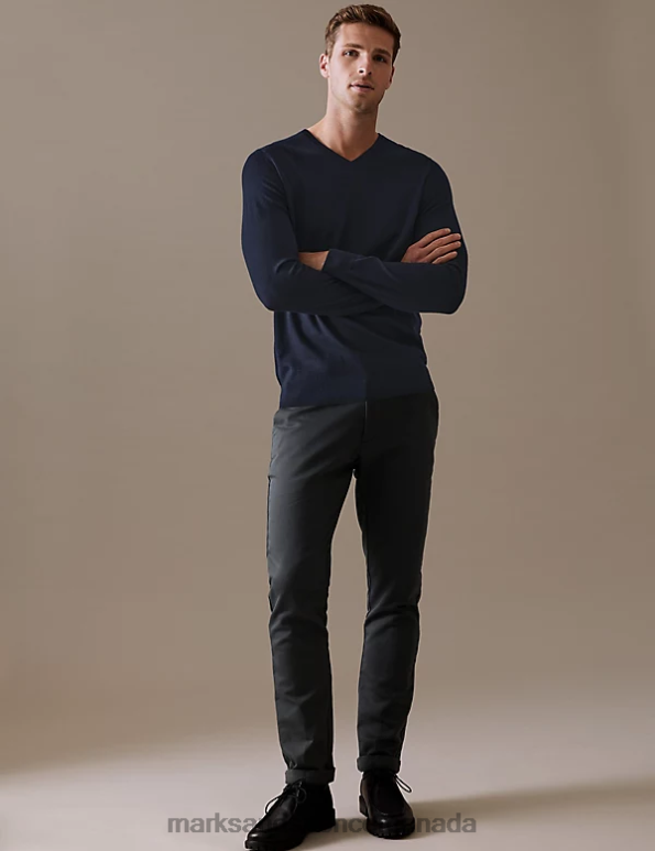 Men Navy Clothing Marks & Spencer Pure Extra Fine Merino Wool V-Neck Jumper 20VTD5573 - Marks and Spencer outlet