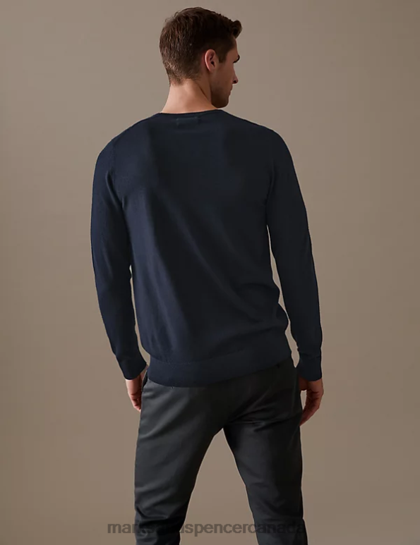 Men Navy Clothing Marks & Spencer Pure Extra Fine Merino Wool V-Neck Jumper 20VTD5573 - Marks and Spencer outlet