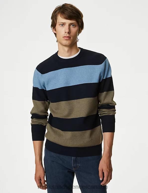 Marks and Spencer Canada - Men Navy Mix Clothing Marks & Spencer Cotton Blend Block Stripe Crew Neck Jumper 20VTD5749