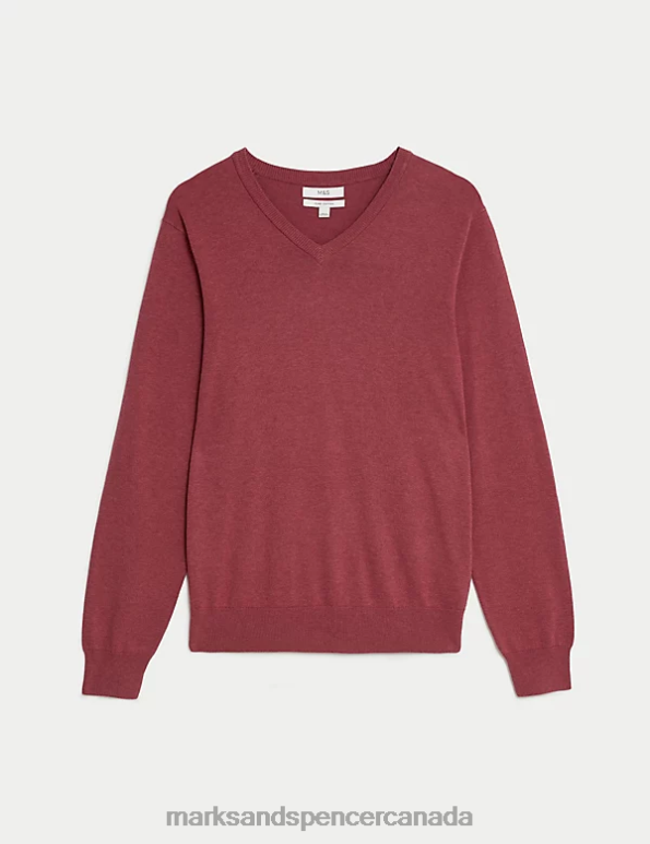 Men Oxblood Clothing Marks & Spencer Pure Cotton V-Neck Knitted Jumper 20VTD7207 - Marks and Spencer online