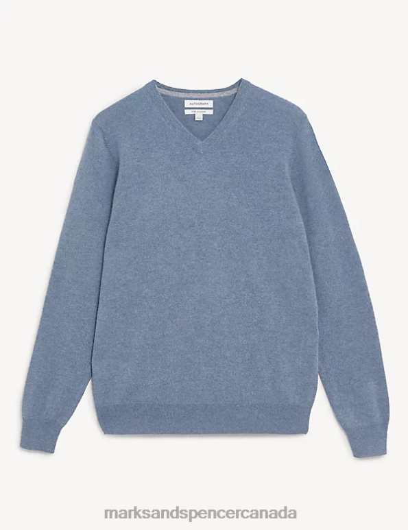 Men Pale Blue Clothing Marks & Spencer Pure Cashmere V-Neck Jumper 20VTD7325 - Marks and Spencer outlet