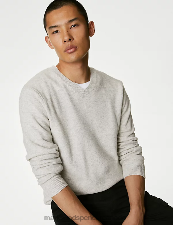 Men Pearl Grey Clothing Marks & Spencer Pure Extra Fine Lambswool V-Neck Jumper 20VTD6898 - Marks and Spencer Canada locations