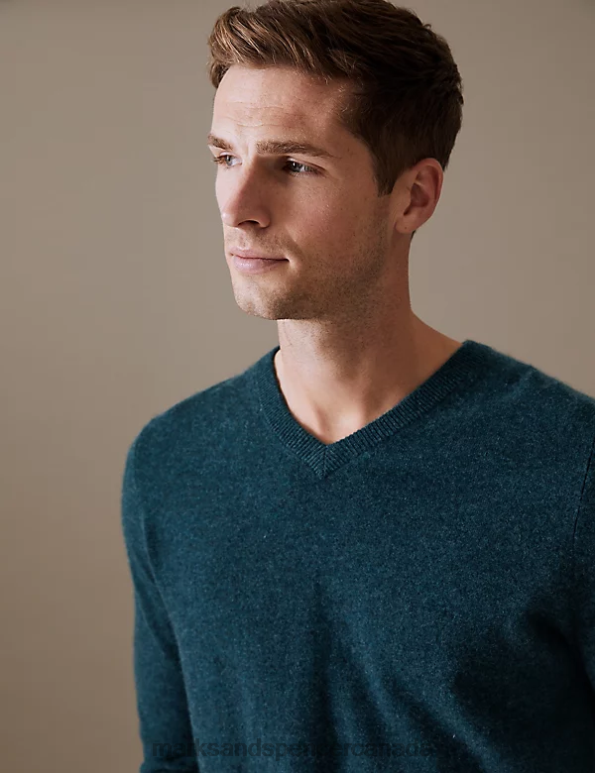 Men Teal Clothing Marks & Spencer Pure Cashmere V-Neck Jumper 20VTD7323 - Marks and Spencer online