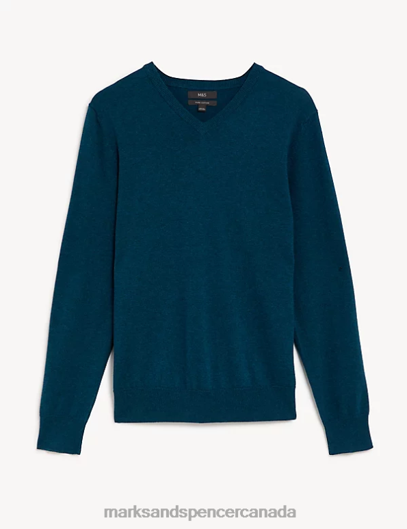 Marks and Spencer sale - Men Teal Mix Clothing Marks & Spencer Pure Cotton V-Neck Knitted Jumper 20VTD7206