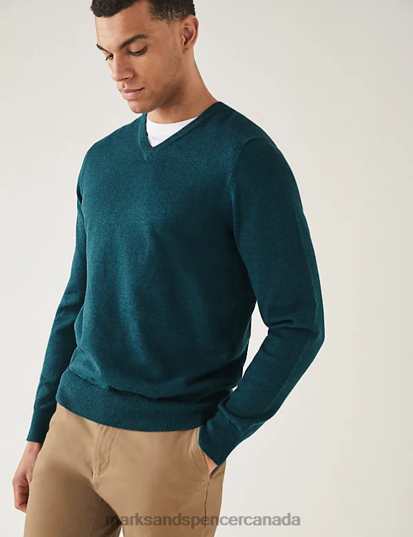Marks and Spencer sale - Men Teal Mix Clothing Marks & Spencer Pure Cotton V-Neck Knitted Jumper 20VTD7206