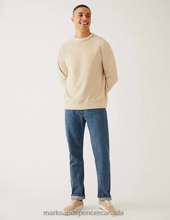 Men Beige Clothing Marks & Spencer Pure Cotton Raglan Crew Neck Sweatshirt 20VTD7530 - Marks and Spencer outlet