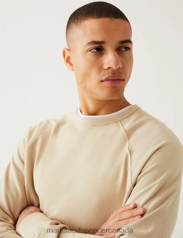 Men Beige Clothing Marks & Spencer Pure Cotton Raglan Crew Neck Sweatshirt 20VTD7530 - Marks and Spencer outlet