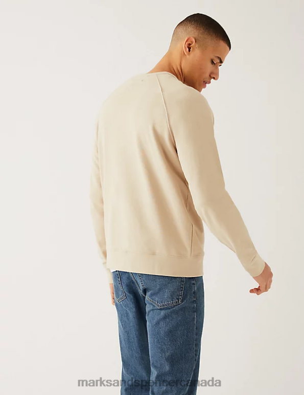 Men Beige Clothing Marks & Spencer Pure Cotton Raglan Crew Neck Sweatshirt 20VTD7530 - Marks and Spencer outlet