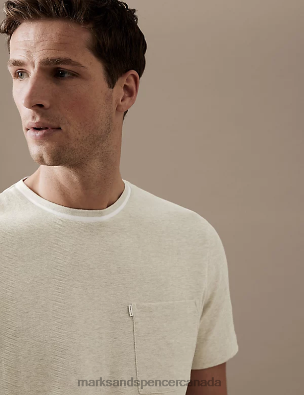 Marks and Spencer sale - Men Beige Marl Clothing Marks & Spencer Pure Cotton Textured T-Shirt 20VTD4930