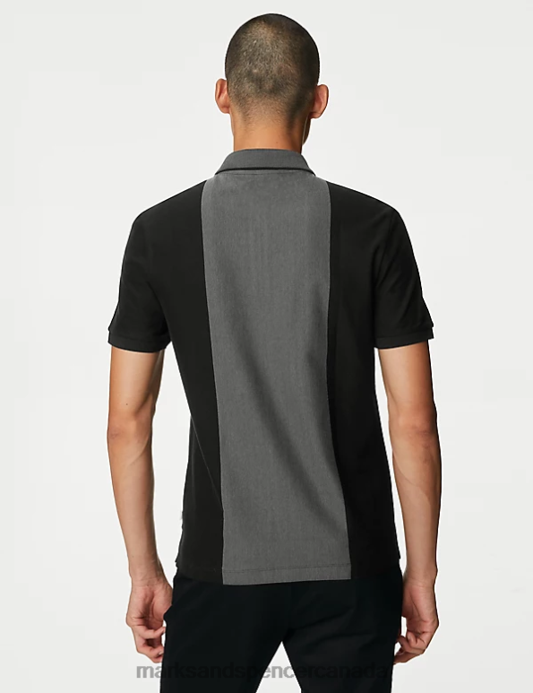 Marks and Spencer near me - Men Black Clothing Marks & Spencer Pure Cotton Half Zip Colour Block Polo Shirt 20VTD5271
