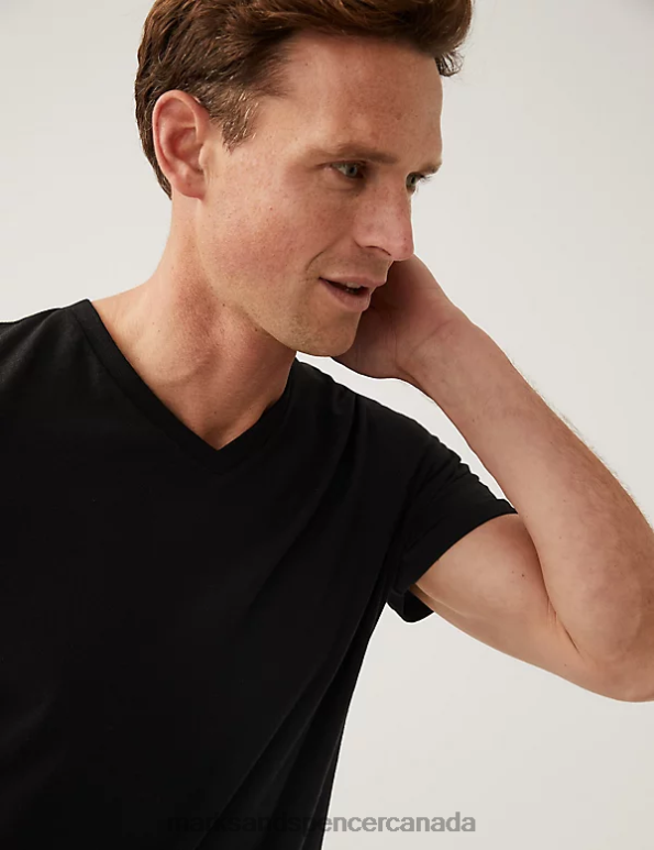 Men Black Clothing Marks & Spencer Pure Cotton V-Neck T-Shirt 20VTD5202 - Marks and Spencer Canada locations