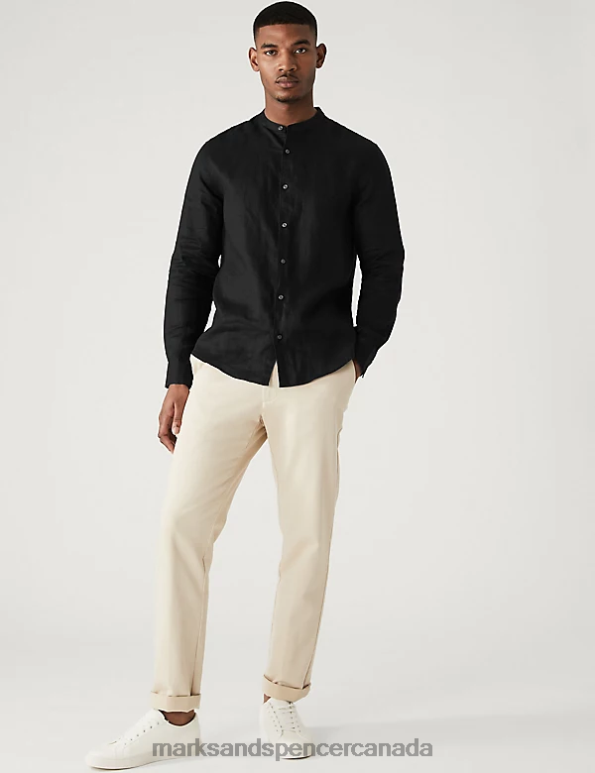 Marks and Spencer sale - Men Black Clothing Marks & Spencer Pure Linen Grandad Collar Shirt 20VTD6905
