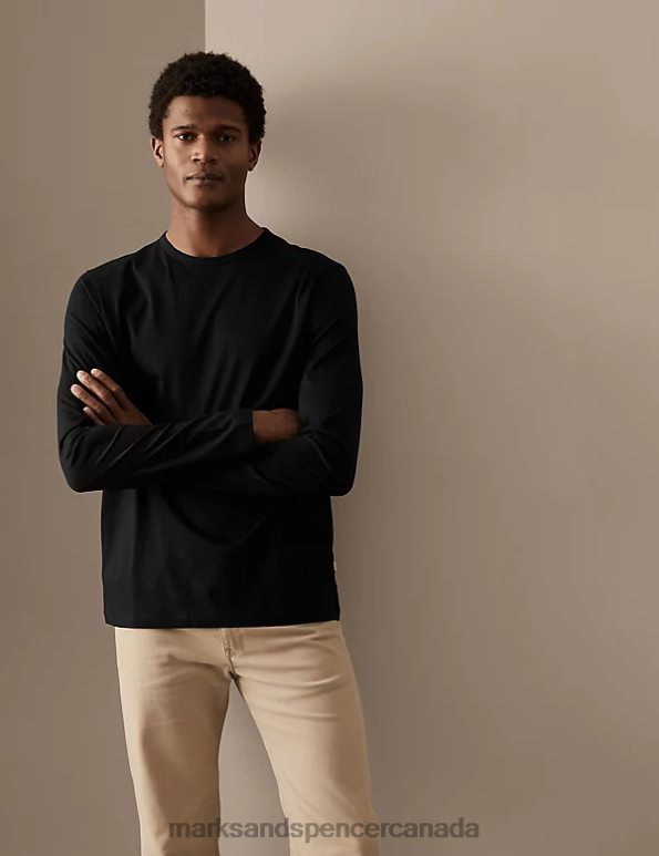 Men Black Clothing Marks & Spencer Pure Supima Cotton Long Sleeve T-Shirt 20VTD6703 - Marks and Spencer outlet