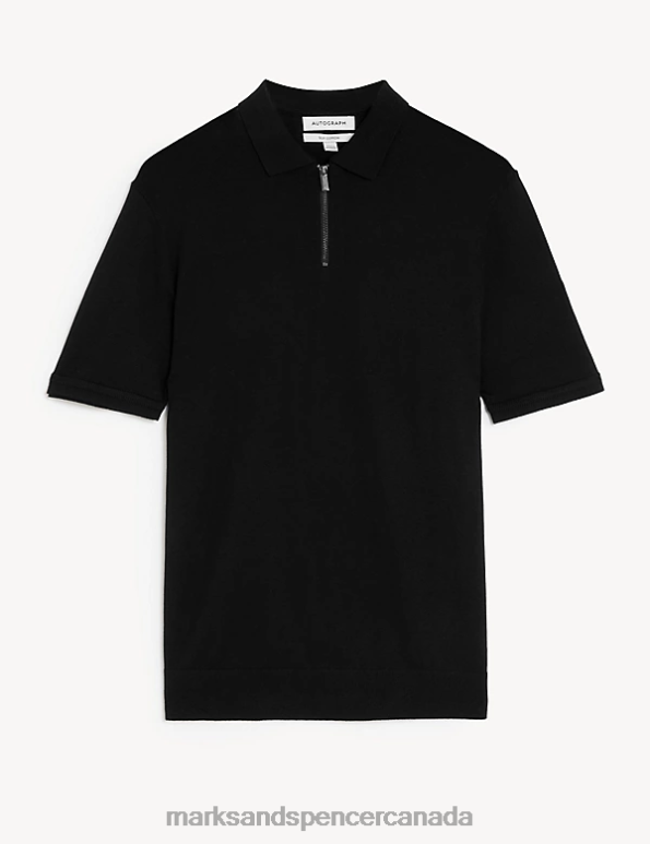 Men Black Clothing Marks & Spencer Silk Cotton Short Sleeve Knitted Polo Shirt 20VTD5807 - Marks and Spencer outlet