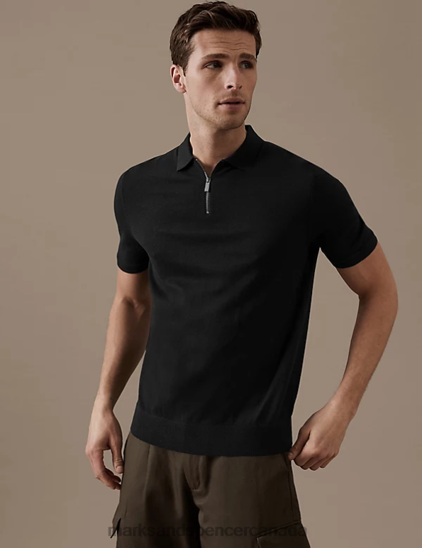 Men Black Clothing Marks & Spencer Silk Cotton Short Sleeve Knitted Polo Shirt 20VTD5807 - Marks and Spencer outlet