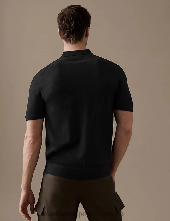 Men Black Clothing Marks & Spencer Silk Cotton Short Sleeve Knitted Polo Shirt 20VTD5807 - Marks and Spencer outlet