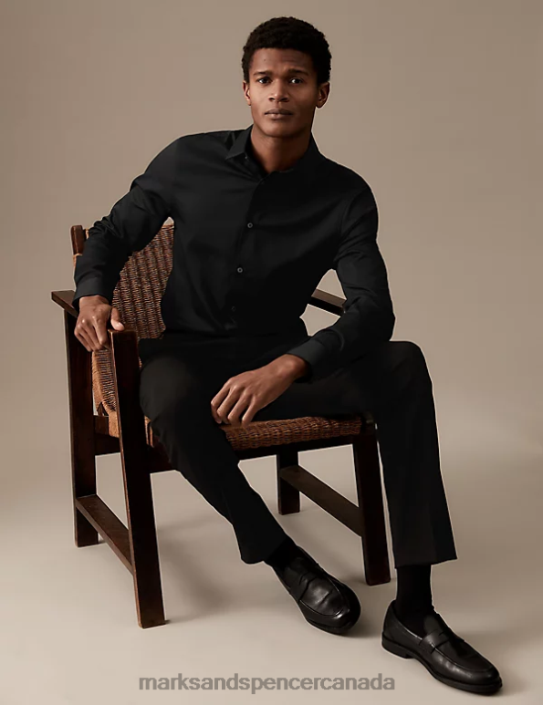 Men Black Clothing Marks & Spencer Slim Fit Easy Iron Cotton Rich Shirt 20VTD6778 - Marks and Spencer online