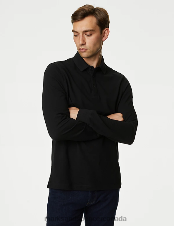 Men Black Mix Clothing Marks & Spencer 2pk Pure Cotton Long Sleeve Polo Shirts 20VTD5085 - Marks and Spencer Canada locations