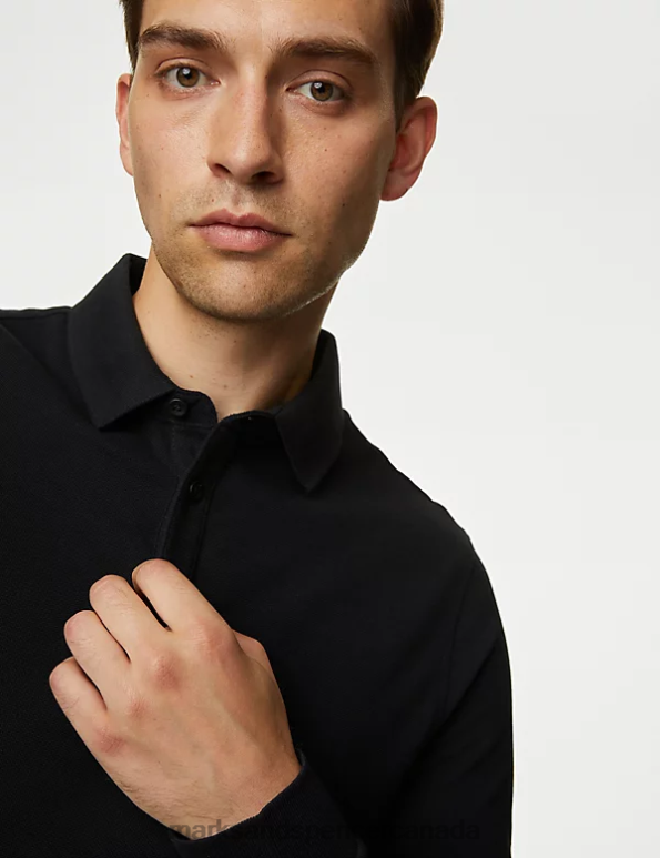 Men Black Mix Clothing Marks & Spencer 2pk Pure Cotton Long Sleeve Polo Shirts 20VTD5085 - Marks and Spencer Canada locations