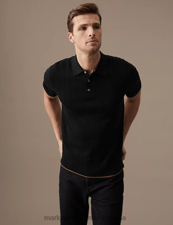 Men Black Mix Clothing Marks & Spencer Cotton Rich Textured Knitted Polo Shirt 20VTD5881 - Marks and Spencer outlet