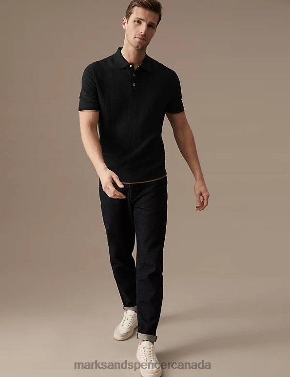 Men Black Mix Clothing Marks & Spencer Cotton Rich Textured Knitted Polo Shirt 20VTD5881 - Marks and Spencer outlet