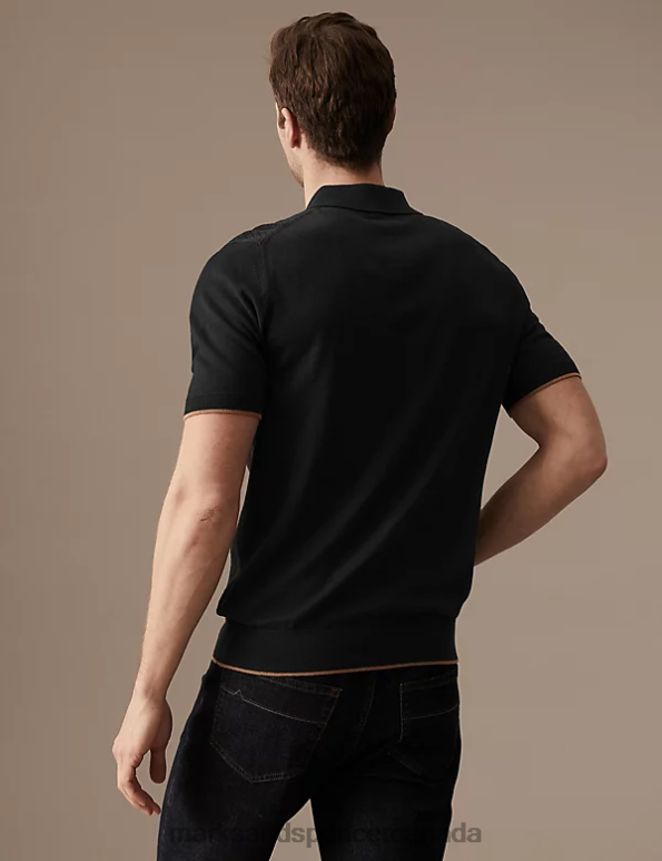 Men Black Mix Clothing Marks & Spencer Cotton Rich Textured Knitted Polo Shirt 20VTD5881 - Marks and Spencer outlet