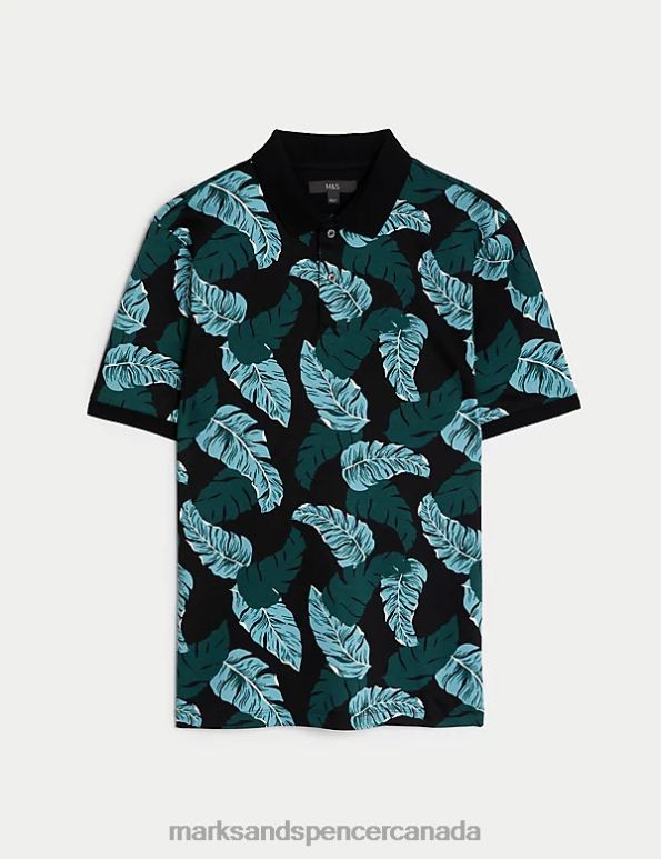 Men Black Mix Clothing Marks & Spencer Pure Cotton Botanical Print Polo Shirt 20VTD6107 - Marks and Spencer Canada locations
