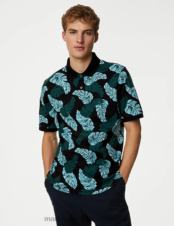 Men Black Mix Clothing Marks & Spencer Pure Cotton Botanical Print Polo Shirt 20VTD6107 - Marks and Spencer Canada locations