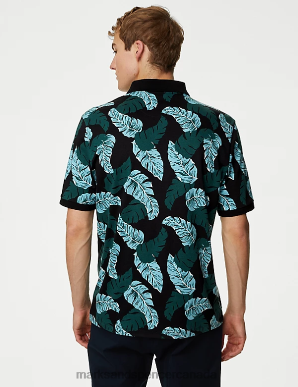 Men Black Mix Clothing Marks & Spencer Pure Cotton Botanical Print Polo Shirt 20VTD6107 - Marks and Spencer Canada locations