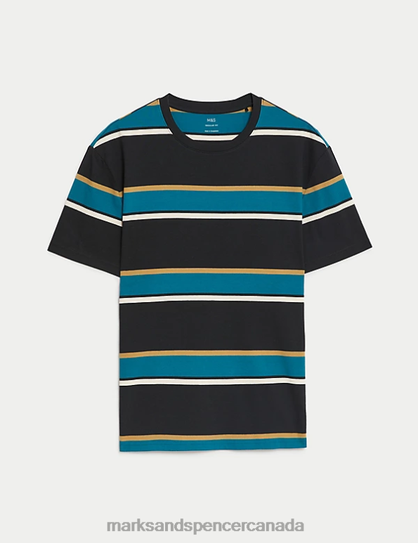 Men Black Mix Clothing Marks & Spencer Pure Cotton Striped T-Shirt 20VTD5274 - Marks and Spencer online