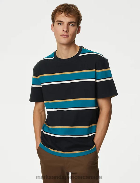Men Black Mix Clothing Marks & Spencer Pure Cotton Striped T-Shirt 20VTD5274 - Marks and Spencer online