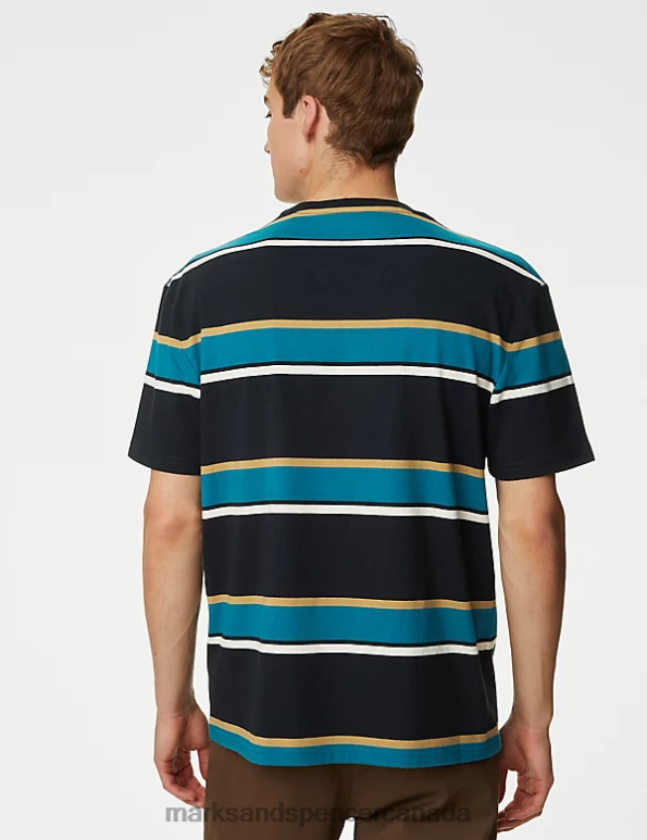 Men Black Mix Clothing Marks & Spencer Pure Cotton Striped T-Shirt 20VTD5274 - Marks and Spencer online