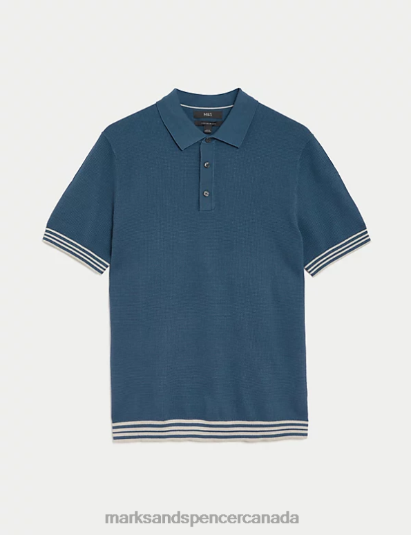 Marks and Spencer sale - Men Blue Clothing Marks & Spencer Cotton Blend Textured Knitted Polo Shirt 20VTD5242