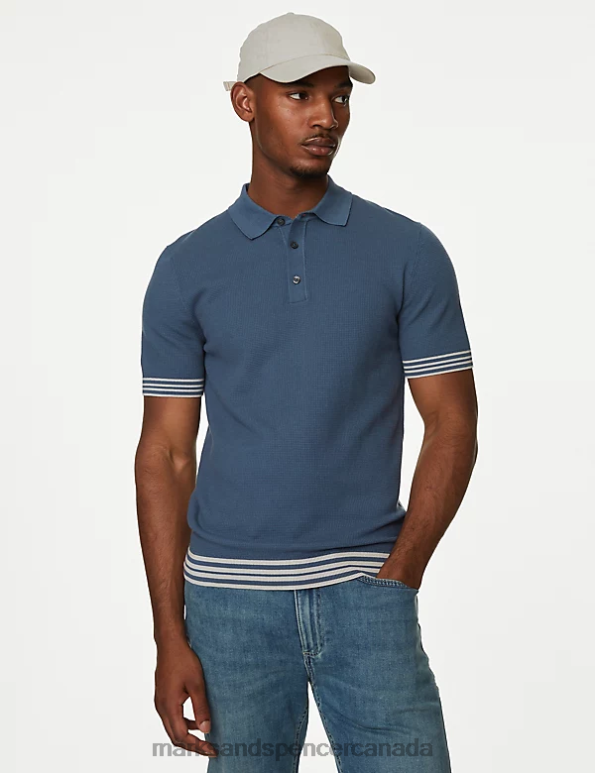 Marks and Spencer sale - Men Blue Clothing Marks & Spencer Cotton Blend Textured Knitted Polo Shirt 20VTD5242