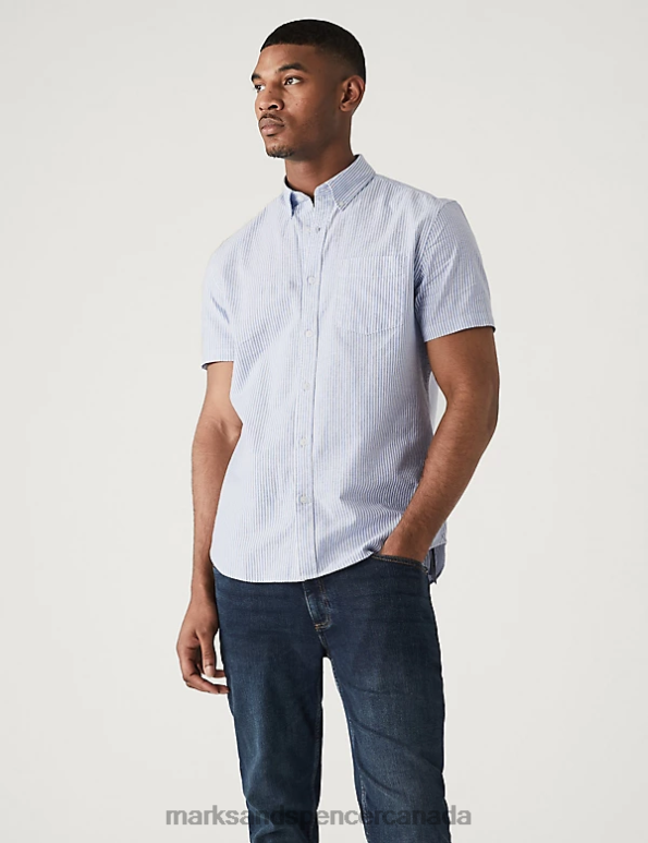 Men Blue Clothing Marks & Spencer Pure Cotton Striped Oxford Shirt 20VTD6449 - Marks and Spencer Canada locations