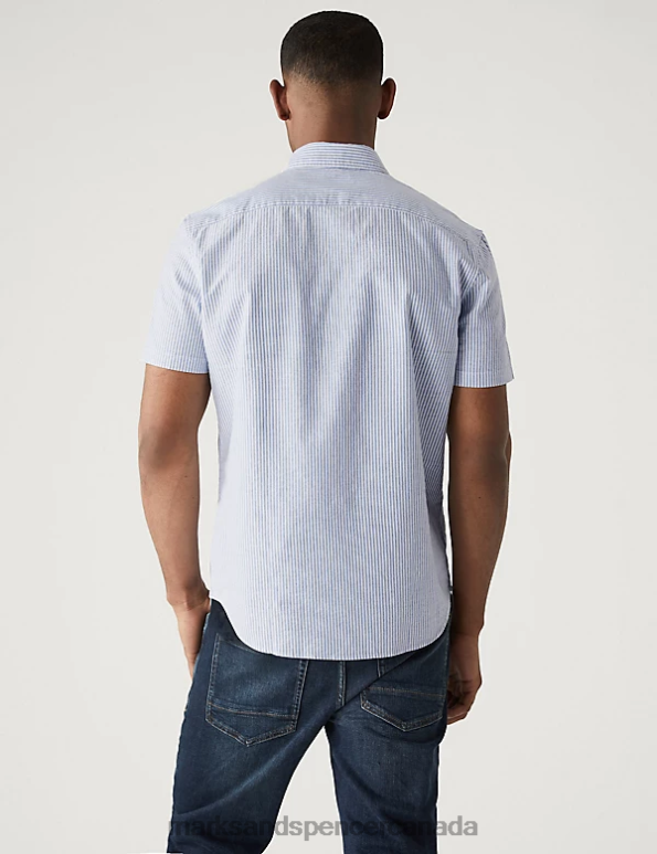 Men Blue Clothing Marks & Spencer Pure Cotton Striped Oxford Shirt 20VTD6449 - Marks and Spencer Canada locations