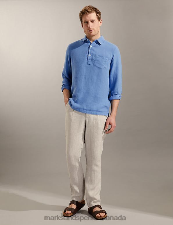 Men Blue Clothing Marks & Spencer Pure Linen Overhead Shirt 20VTD6476 - Marks and Spencer Canada locations