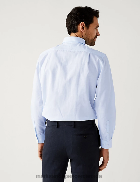 Men Blue Clothing Marks & Spencer Regular Fit Linen Blend Weave Shirt 20VTD6598 - Marks and Spencer outlet