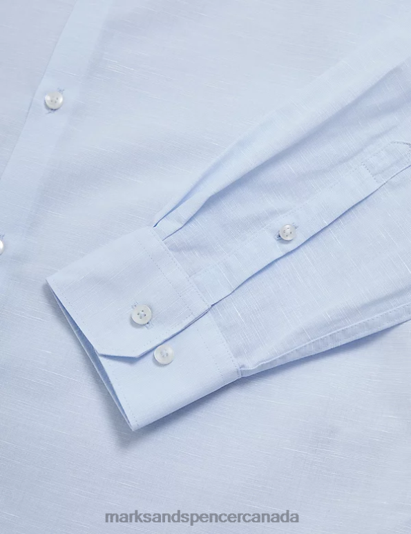 Men Blue Clothing Marks & Spencer Regular Fit Linen Blend Weave Shirt 20VTD6598 - Marks and Spencer outlet