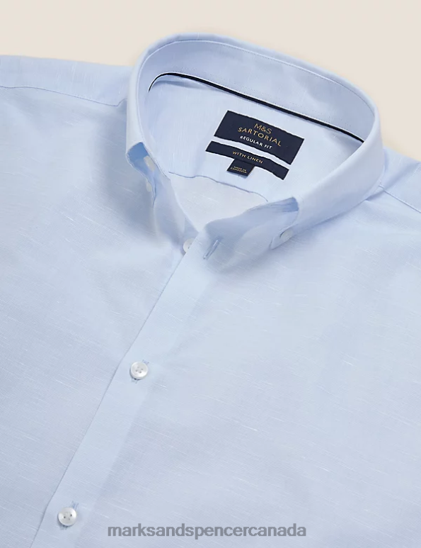 Men Blue Clothing Marks & Spencer Regular Fit Linen Blend Weave Shirt 20VTD6598 - Marks and Spencer outlet