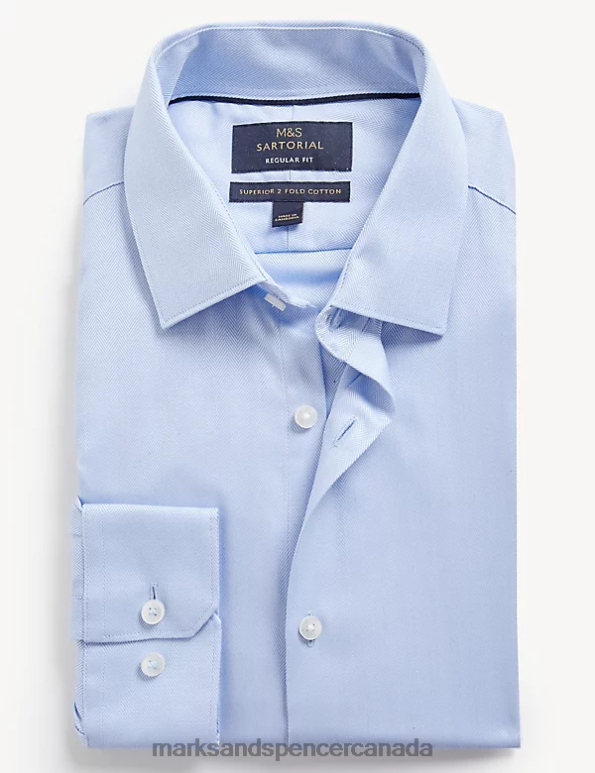 Men Blue Clothing Marks & Spencer Regular Fit Pure Cotton Herringbone Shirt 20VTD6180 - Marks and Spencer Canada locations