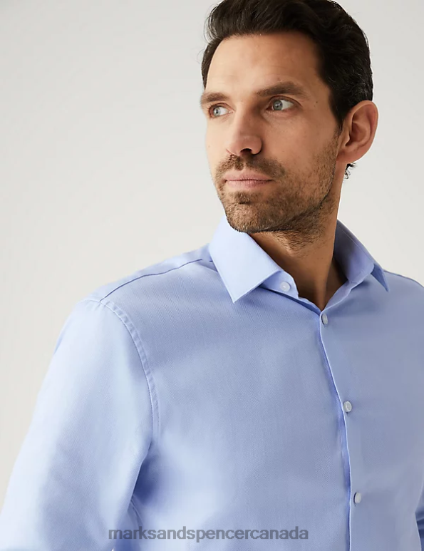 Men Blue Clothing Marks & Spencer Regular Fit Pure Cotton Herringbone Shirt 20VTD6180 - Marks and Spencer Canada locations