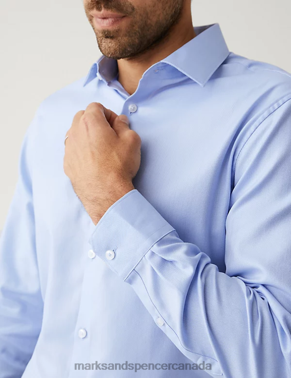 Men Blue Clothing Marks & Spencer Regular Fit Pure Cotton Herringbone Shirt 20VTD6180 - Marks and Spencer Canada locations