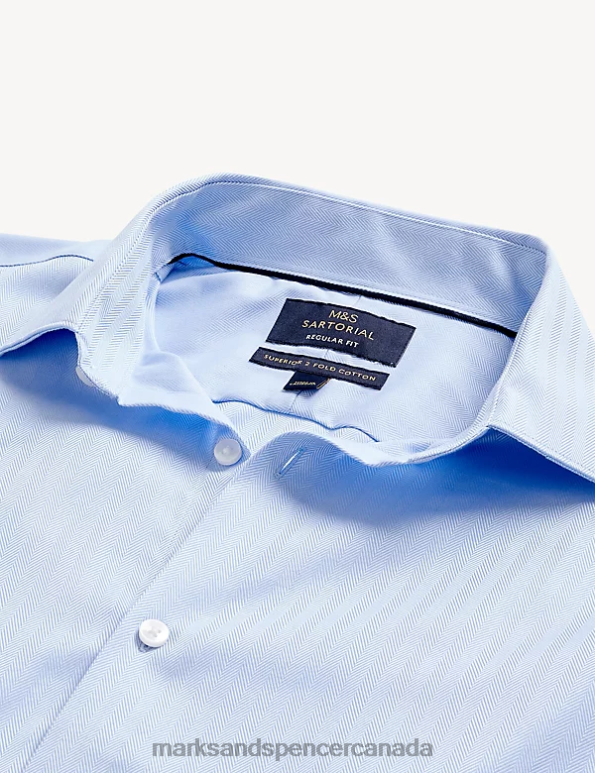 Men Blue Clothing Marks & Spencer Regular Fit Pure Cotton Herringbone Shirt 20VTD6180 - Marks and Spencer Canada locations