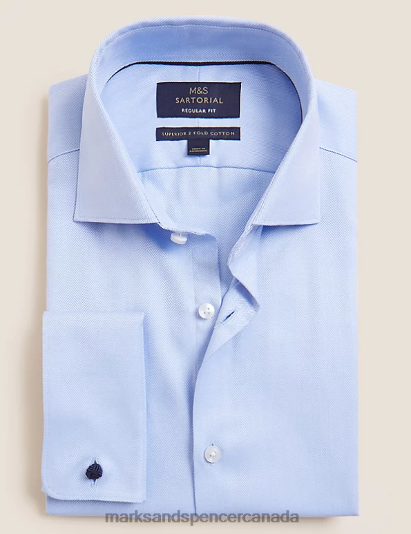 Men Blue Clothing Marks & Spencer Regular Fit Pure Cotton Herringbone Shirt 20VTD6729 - Marks and Spencer outlet