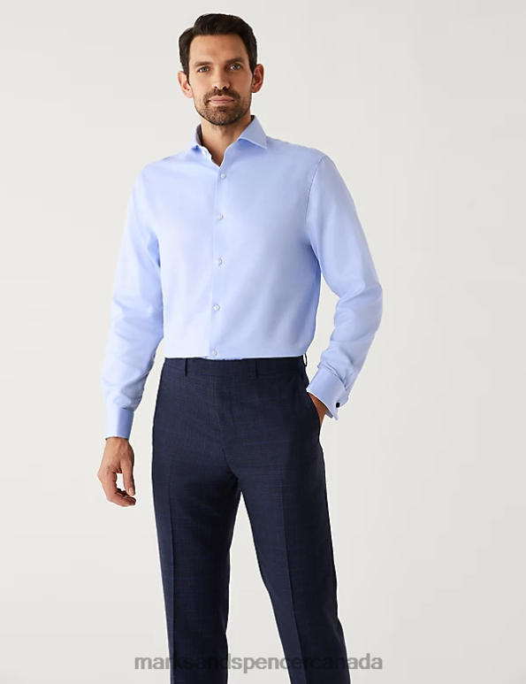 Men Blue Clothing Marks & Spencer Regular Fit Pure Cotton Herringbone Shirt 20VTD6729 - Marks and Spencer outlet