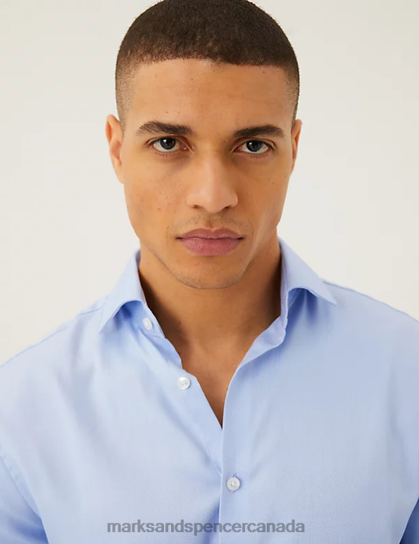 Men Blue Clothing Marks & Spencer Regular Fit Pure Cotton Herringbone Shirt 20VTD6729 - Marks and Spencer outlet