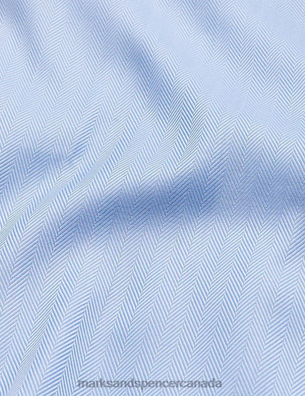 Men Blue Clothing Marks & Spencer Regular Fit Pure Cotton Herringbone Shirt 20VTD6729 - Marks and Spencer outlet