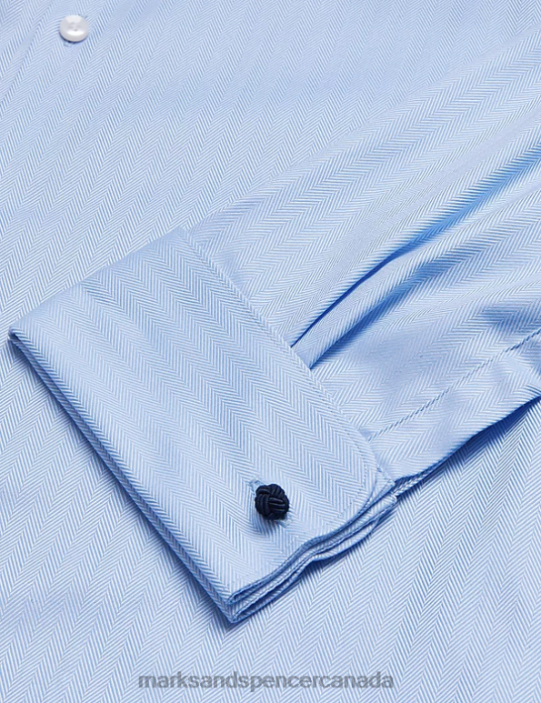 Men Blue Clothing Marks & Spencer Regular Fit Pure Cotton Herringbone Shirt 20VTD6729 - Marks and Spencer outlet