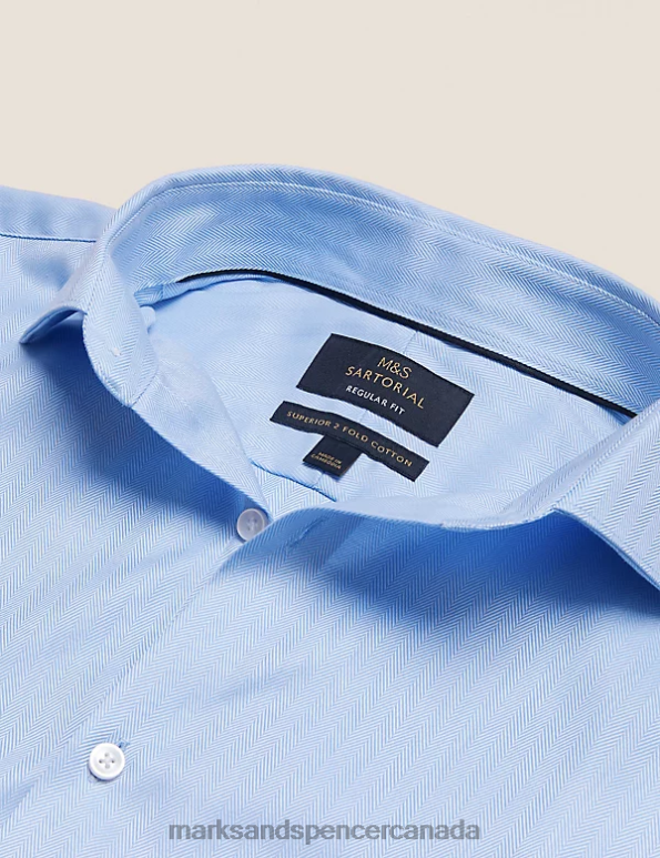 Men Blue Clothing Marks & Spencer Regular Fit Pure Cotton Herringbone Shirt 20VTD6729 - Marks and Spencer outlet